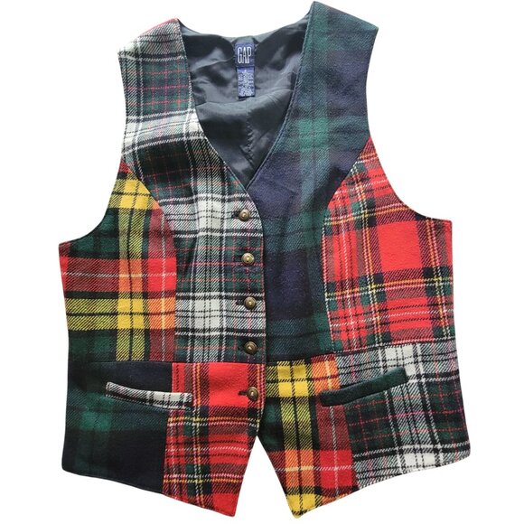 Vintage Gap Plaid Patchwork Vest Womens S Wool Blend Button-Up - Picture 1 of 16